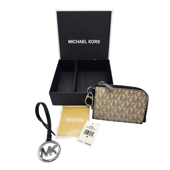 NEW Michael Kors MK Brown Monogram Logo Carabiner Zip Wallet & Round Bag Charm - Picture 1 of 13